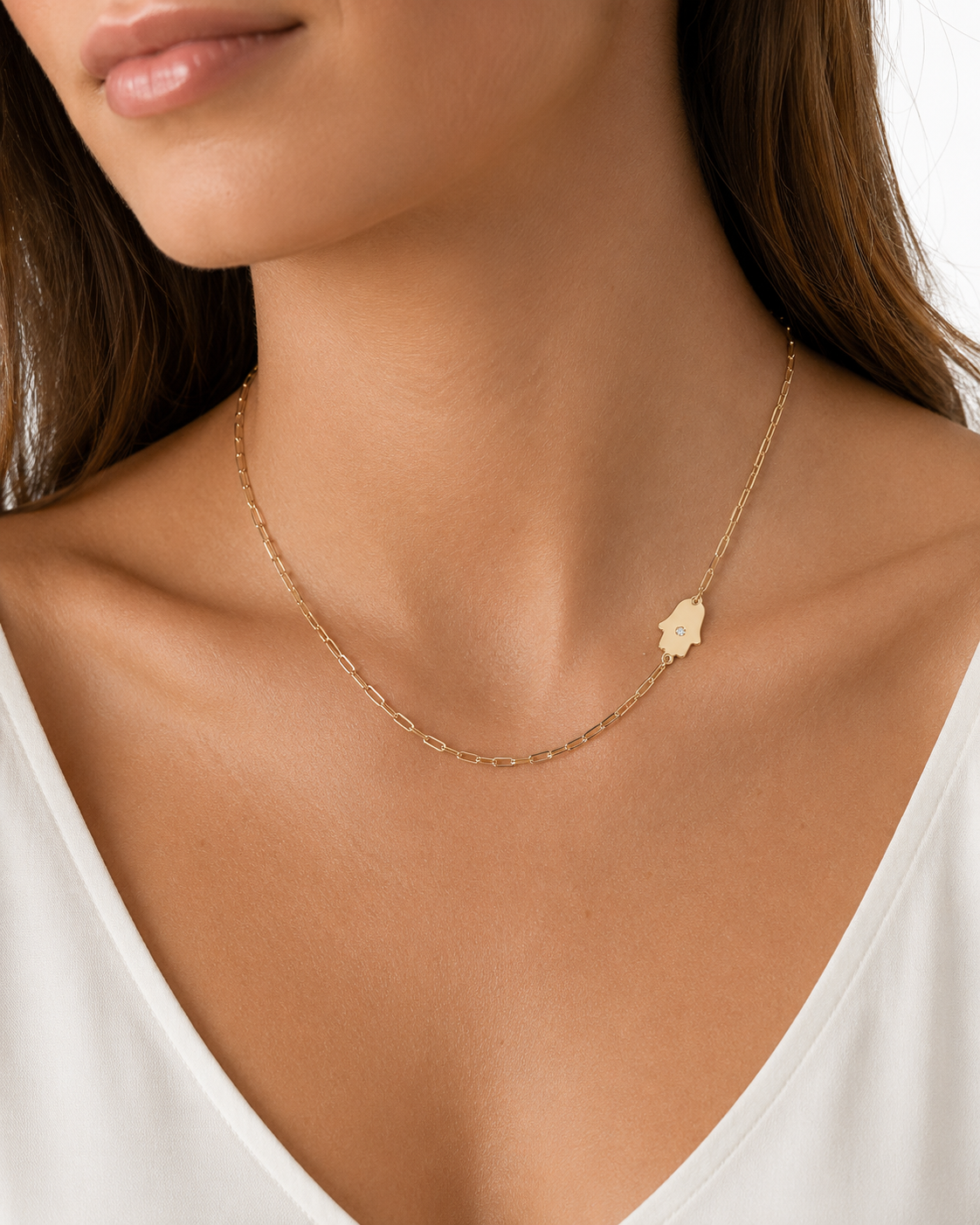 Dani Hamsa Diamond Paperclip Necklace