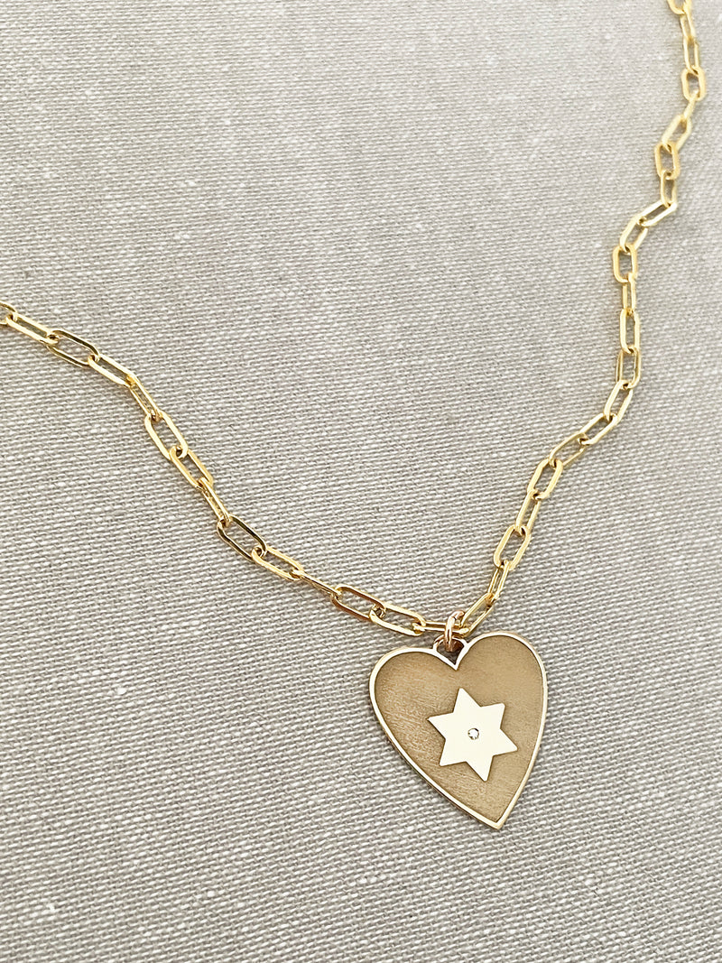 Heart Star of David Diamond Paperclip Necklace