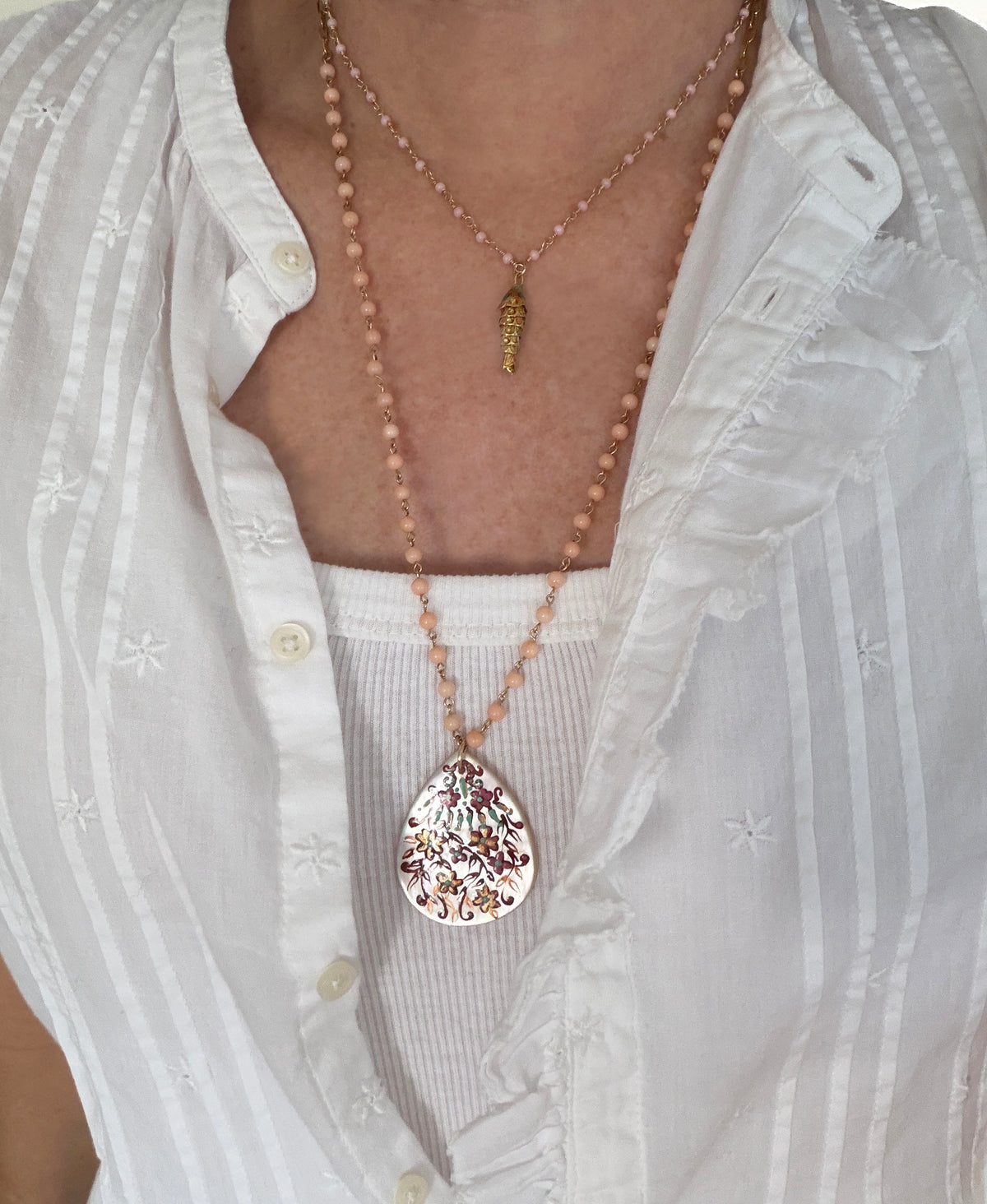 Peach Coral Vintage Hand Painted Necklace