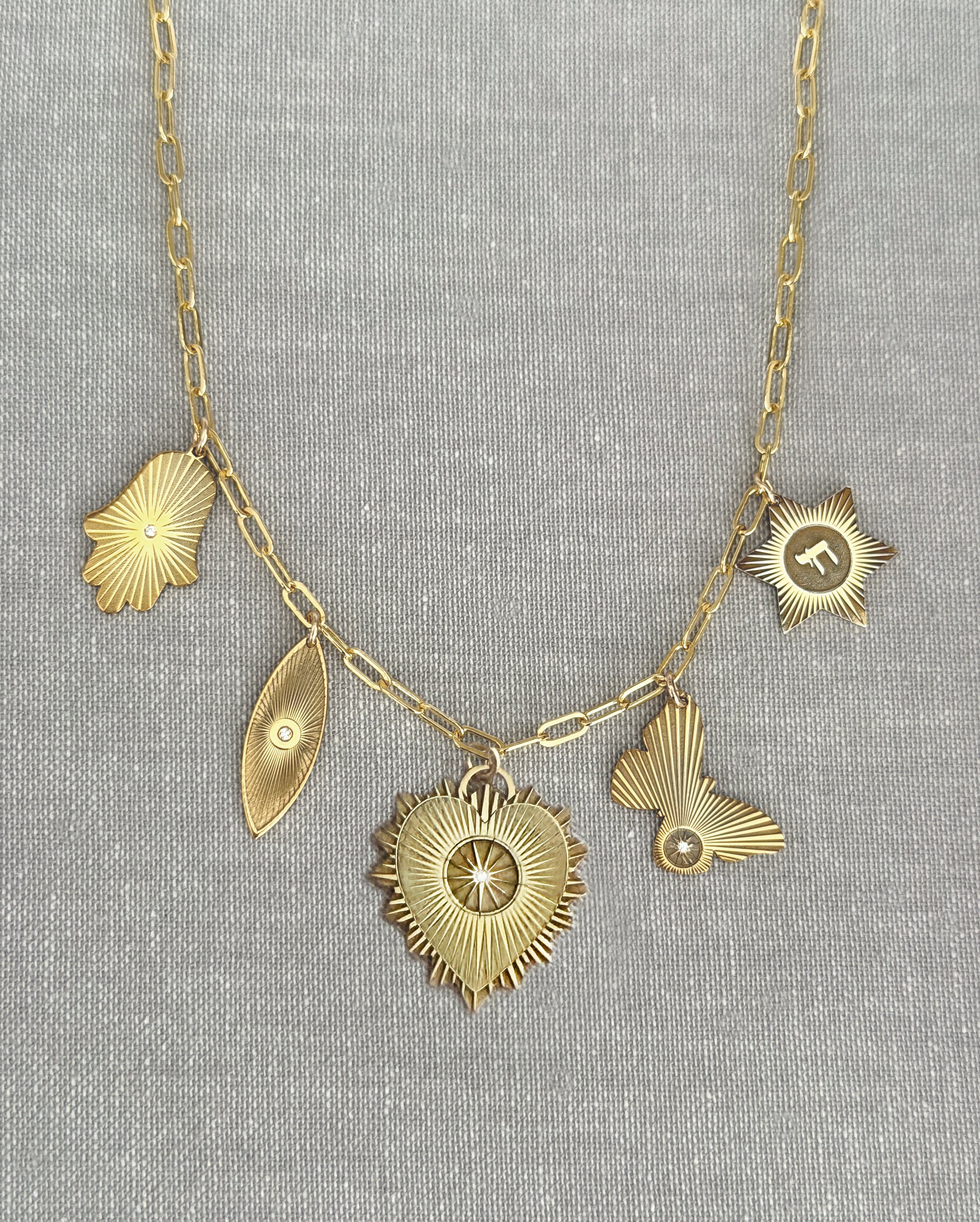 Vesta Heart Five Charm Initial Necklace