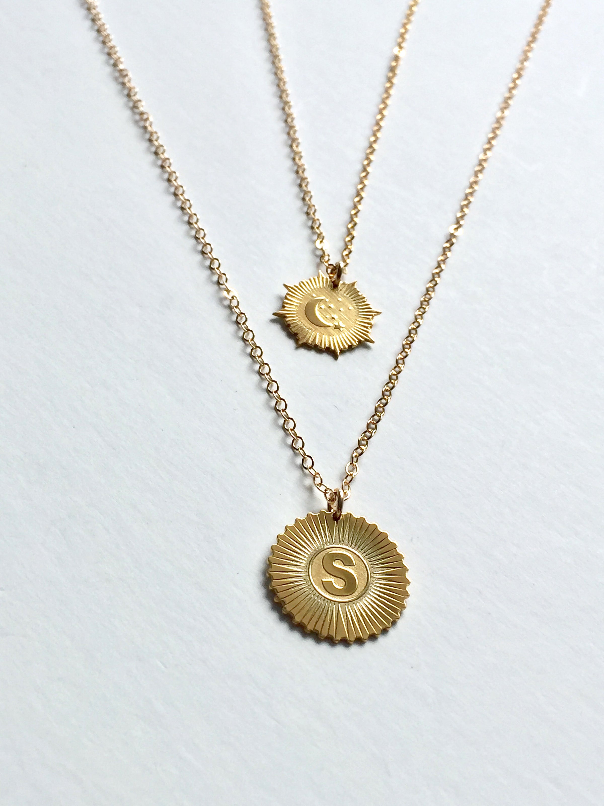 Custom Sun Pendant with Initial on Chain - Sterling Silver Necklace Gold